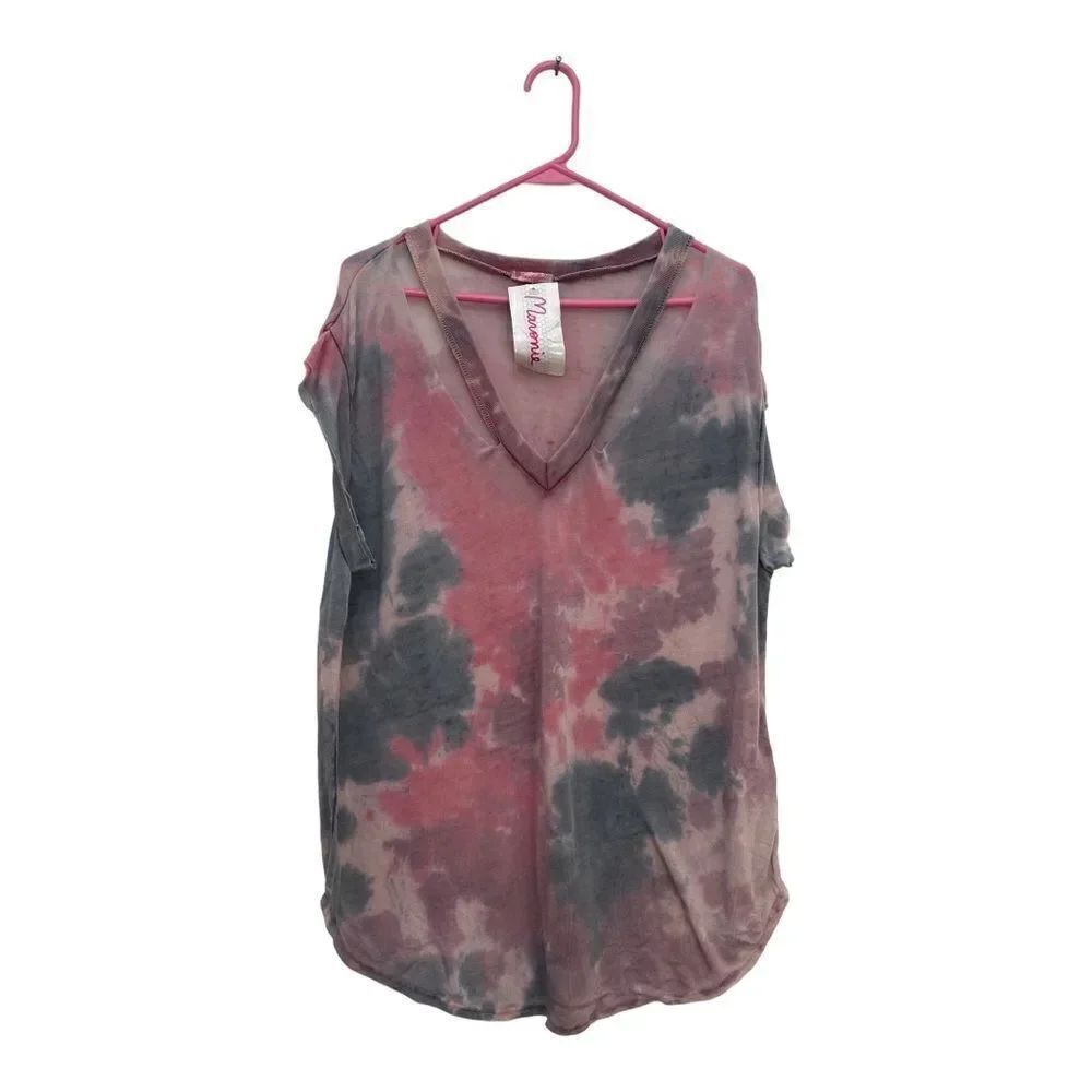 NWT Maronie Tie Dye Cutout V-Neck Tee Large Pink Gray